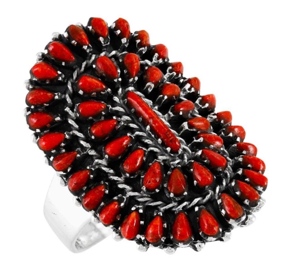 Southwestern Red Coral Cluster Statement Ring Silver Oval Boho Jewelry Size 10